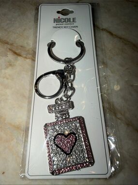 Nicole Silver & Pink Rhinestone Perfume Bottle Purse charm or Keychain